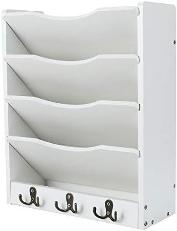 PAG-Mass 5-Tier Wall File Holder Hanging Mail Organizer Wood Magazine Literature Rack with 6 Hooks, White by PAG