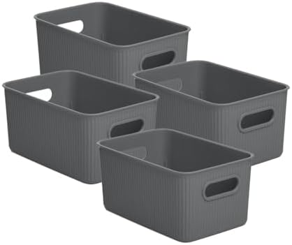 Superio Ribbed Collection - Decorative Plastic Basket Open Home Storage Bins Organizer, Medium Grey (4 Pack) Container Boxes for Organizing Closet Storage Bins for Shelves Drawer Shelf 5 Liter by Superio