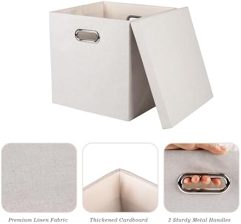Storage Bins with Lids, Collapsible Linen Fabric Boxes Organizer Containers with Lid Foldable Storage Box Basket for Closet, Shelves, Home, Office, 12 x 12 x 12.4 Inch, 4 Pack, Beige - Image 4