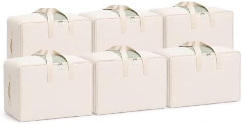 DoYiKe Soft Canvas Clothes Storage Bags with Four Carrying Handles and Clear Window, Closet Organizer for Clothing, Blankets Sheets and Bedding, 55L, 6 Pack, Beige by DoYiKe