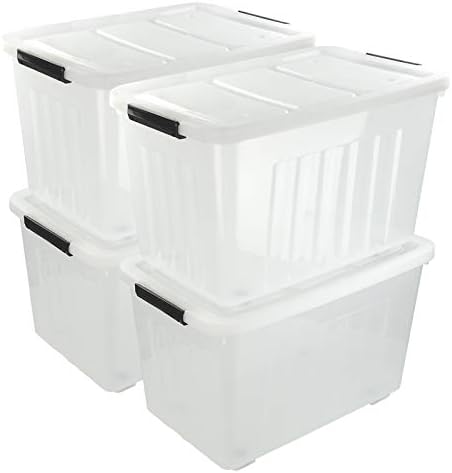 Clear Large Storage Bins with Lids and Wheels, 70L, 4-Pack by Waikhomes