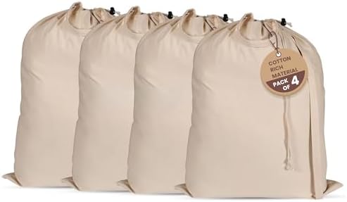 LFH Home Large Premium Cotton Rich Canvas Laundry Bag with Drawstring and Handles Heavy Duty, Multi-Use, and Washable for Home, Travel, College or Storage 28x36 (Pack of 4)-Natural by LFHHomePrivateLimited