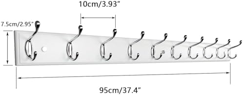 37 Inch Long Wooden Wall Mounted Coat Rack with 10 Silver Chrome Hooks for Entryway and Bedroom to Hang Coats, Hats - Heavy Duty Hooks School Bag - Image 6