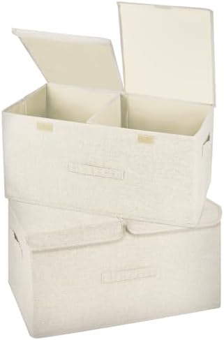 2 Pack Storage Boxes with Lids and Handles, Collapsible Linen Storage Bins Organizer Containers Baskets Cube with Removable Divider for Home Bedroom Closet Office (Cream, Large) by Unknown