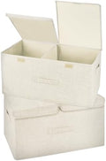 2 Pack Storage Boxes with Lids and Handles, Collapsible Linen Storage Bins Organizer Containers Baskets Cube with Removable Divider for Home Bedroom Closet Office (Cream, Large) by Unknown