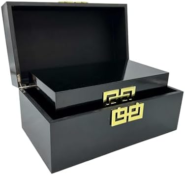 Galt International Storage Box Set Decorative Storage Box w/Hinged Lid Classic Design Wood Decor Boxes with Geometric Clasp Storage for Bedroom & Home - Set of 2 (Black & Gold) by GaltInternational