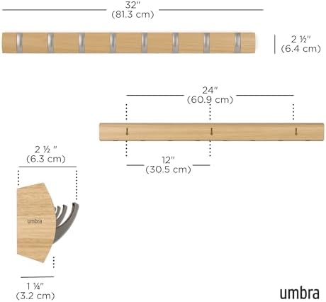 Umbra Flip Coat Rack, Wall Mount 8-Hook, Space Saving, Natural/Nickel - Image 3