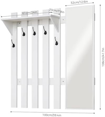 39.4" Coat Rack Wall Mount with Shelf and Mirror, Wall Shelf with 5 Hooks and Storage for Hallway Entryway Modern (White) - Image 4