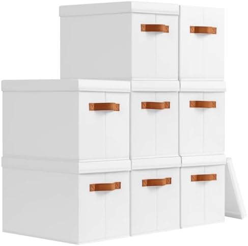 Homsorout Storage Bins with Lids - Fabric Storage Baskets for Shelves, 8 Pack Foldable Decorative Boxes with Handles, Stackable Organizer Bins for Home, Nursery, Dorm, White by Homsorout