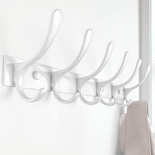 SKOLOO Heavy Duty Wall Mounted Coat Rack - 6 Hooks, Stainless Steel, Pack of 2, Sturdy Coat Hooks for Hanging Clothes, Jacket, Hat, White - Image 2