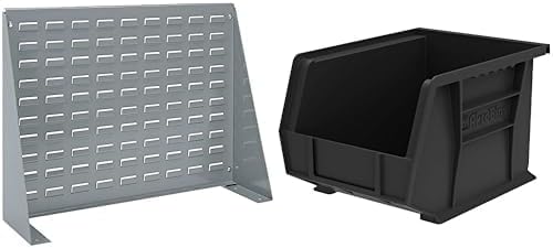 Akro-Mils 28"x8"x20" Steel Louvered Panel Work Bench Storage Rack with 6-Pack of 11 x8 x7 AkroBins Stackable Plastic Storage Bins (Black), Organization Bundle for Garage, Workshop, Classroom by Akro-Mils