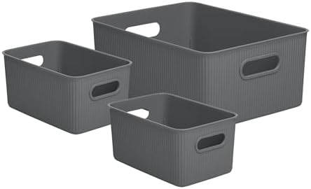 Superio Ribbed Collection - Decorative Plastic Basket Open Home Storage Bins Organizer, Grey (Set of 3) 1 Large, 2 Medium - Container Boxes for Organizing Closet Storage Bins for Shelves Drawer Shelf by Superio