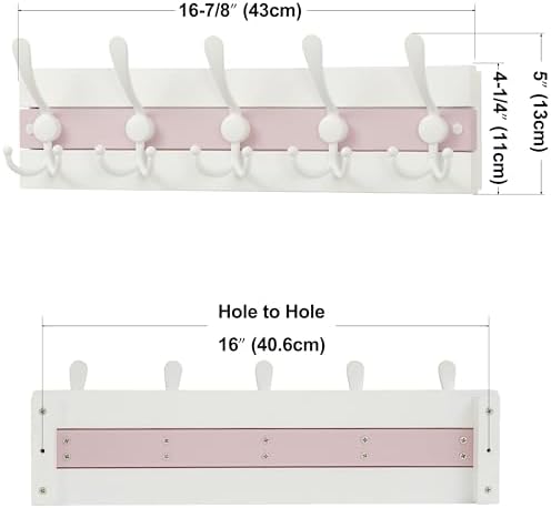 SKOLOO Coastal Wall Mounted Coat Rack-16.88" Beach House Entryway Wooden Coat Hook with 5 Hooks for Hanging Coats, Hats or Towels, Oceanfront Cottage Core Collection, White&Palm Beach Pink, Pack of 2 - Image 6
