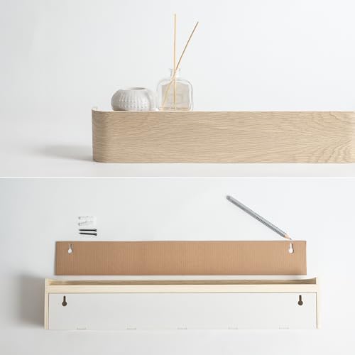 Kazai. Wall-Mounted Coat Rack 'Toke' - Modern Design Coat Rack with Hidden Wall Hooks - Solid Wood Veneer Panel Coat Hanger - Oak, White - Image 5