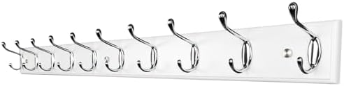37 Inch Long Wooden Wall Mounted Coat Rack with 10 Silver Chrome Hooks for Entryway and Bedroom to Hang Coats, Hats - Heavy Duty Hooks School Bag by CreativityChangesLife