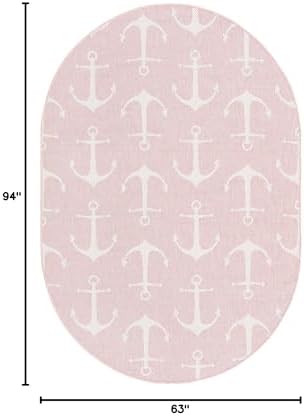 Unique Loom Outdoor Coastal Collection Area Rug - Ahoy (5' 3" x 7' 10" Oval, Pink/ Ivory) - Image 2