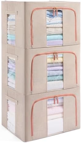 GuliPostan 3 Pack 66L Stackable Clothes Storage Bins with Metal Frame Handles & Zipper, Collapsible Closet Organizer Box with Lid for Bedding Blankets Towel (Beige) by Unknown