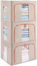 GuliPostan 3 Pack 66L Stackable Clothes Storage Bins with Metal Frame Handles & Zipper, Collapsible Closet Organizer Box with Lid for Bedding Blankets Towel (Beige) by Unknown