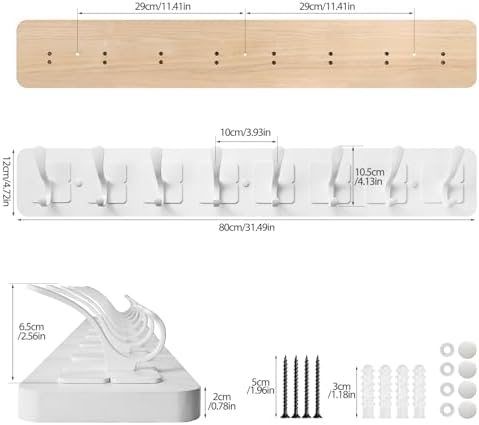 Coat Rack Wall Mounted,Wooden Wall Coat Rack with 8 Double Hooks for Hanging Clothes,Coats,Hats,Jackets,31.5inch (White, 8 Hooks) - Image 2