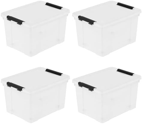 Set of 4 Storage Bins with Wheels, 23 L Clear Latch Boxes with Lids by Lesbin