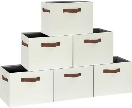 GhvyenntteS Large Storage Baskets for Shelves 6 Pack, Collapsible Fabric Storage Bins with 3 Handles, Decorative Closet Organizers and Storage bins for Clothes Blanket Beddings (Beige, 15"x11"x9.6") by GhvyenntteS