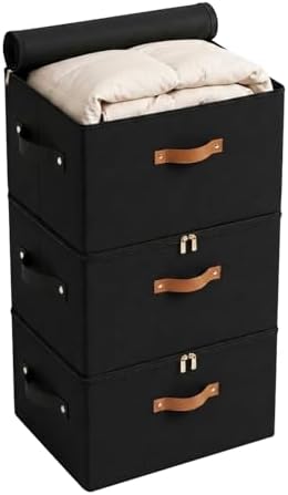 Tuza 3 Pack Foldable Storage Bin with Lid, Heavy-Duty Fabric Storage Box with Reinforced Handles, Collapsible Closet Organizer for Clothes, Bedding, Wardrobe & Bedroom Organization(Black, 56L) by LOVEWHEREYOULIVE