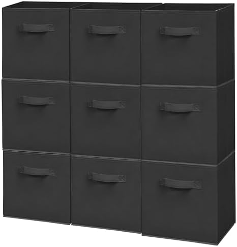 Easi Storage Cubes, 11 Inch Fabric Storage Bins, Set of 9, Foldable Collapsible Cube Organizer with Handles, Closet Shelves Office Nursery Storage, Cubby Storage Bins for Toys Clothes Books, Black by Unknown