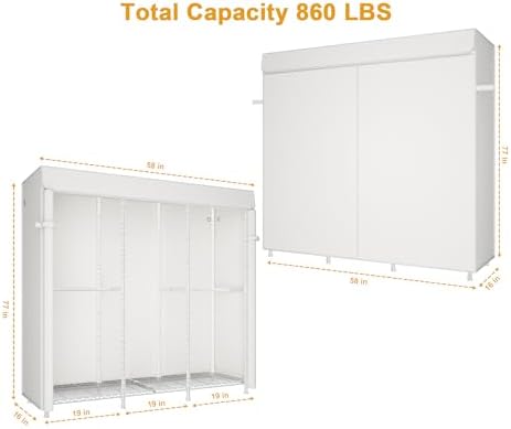 ULIFHOME E14C Heavy Duty Closet Organizer System，Freestanding Clothing Racks for Hanging Clothes，Adjustable Garment Rack 58" W × 16" D × 77" H Hold 860 lbs，White Rack with White Cover - Image 2