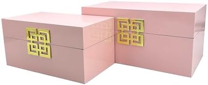 Galt International Storage Box Set Decorative Storage Box w/Hinged Lid Classic Design Wood Decor Boxes with Geometric Clasp Storage for Bedroom & Home - Set of 2 (Pink & Gold) - Image 4