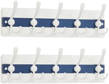 SKOLOO Coastal Wall Mounted Coat Rack - 16-7/8" Beach House Entryway Wooden Coat Hook with 5 Hooks for Hanging Coats, Hats or Towels, Oceanfront Cottage Core Collection, White & Blue, Pack of 2 by SKOLOO