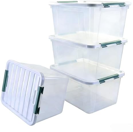 Storage Latching Bins, 35 Quart Clear Plastic, 4-Pack Storage Box by Parlynies