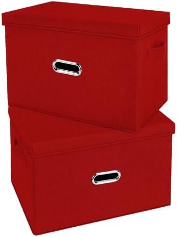Large Linen Fabric Foldable Storage Bins with Removable Lid and Handles, Washable Storage Box Organizer Containers Baskets Cube with Cover for Bedroom,Office(Red, XXL(2-Pack)) by Unknown