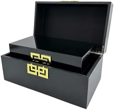 Galt International Storage Box Set Decorative Storage Box w/Hinged Lid Classic Design Wood Decor Boxes with Geometric Clasp Storage for Bedroom & Home - Set of 2 (Black & Gold) - Image 6