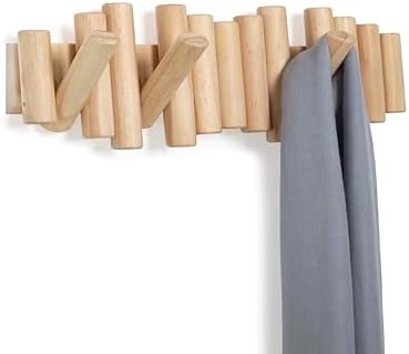 Umbra Picket Wall-Mounted Coat Rack Rail Hook with 5 Retractable Wood Pegs – Modern, Space-Saving Storage Organizer, Natural (Pack of 3) - Image 4