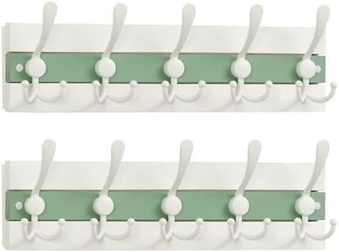 SKOLOO Coastal Wall Mounted Coat Rack - 16-7/8" Beach House Entryway Wooden Coat Hook with 5 Hooks for Hanging Coats, Hats or Towels, Oceanfront Cottage Core Collection, White & Green, Pack of 2 by SKOLOO