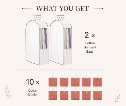 41" Cotton Garment Bags for Hanging Clothes, 2 Pack Breathable Suit Bags for Closet Storage, 10" Wide Gusseted & Clear Window, for Suits, Short Dresses, Sweaters, with Cedar Blocks - Image 4
