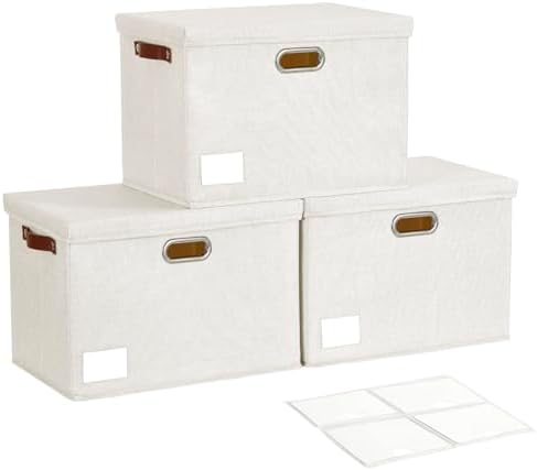 17" Large Fabric Storage Box with Lids, 3-Pack, White by Roobyl