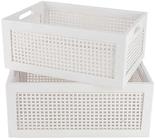 White Wooden Storage Baskets with Handle, Rectangular Set of 2 by HODAKJUE