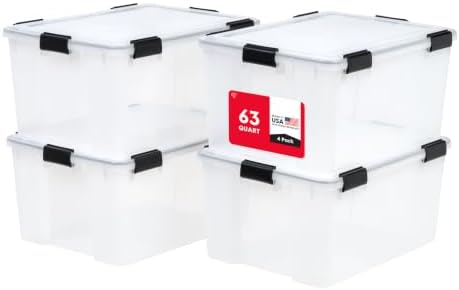 IRIS USA WeatherPro Storage Bins with Lids, 63 Qt, Clear, 4 Pack by IRISUSA
