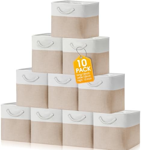 FoldTier 10 Pack Large Collapsible Fabric Storage Baskets with Handles Decorative Storage Bins for Organizing Shelves Toys Clothes(White & Beige,12 x 12 x 12 Inches) by FoldTier