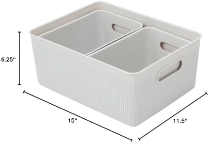 Decorative Plastic Basket Open Home Storage Bins Organizer, White Smoke (Set of 3) 1 Large, 2 Medium - Container Boxes for Organizing Closet Storage Bins for Shelves Drawer Shelf - Ribbed Collection - Image 2