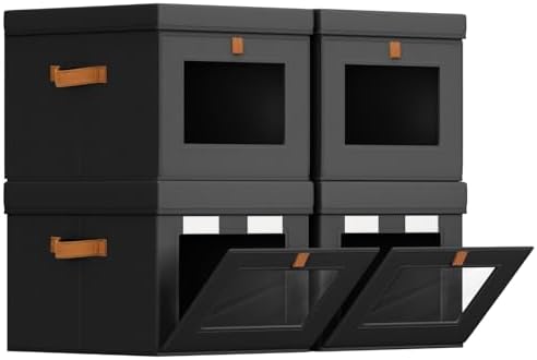 Homsorout Storage Bins with Lid – Closet Organizer with Side Opening and Clear Window, Foldable Stackable Fabric Basket for Clothes, Home, Office - 13.77" x 11.8" x 9.8", 4 Pack, Black by Homsorout
