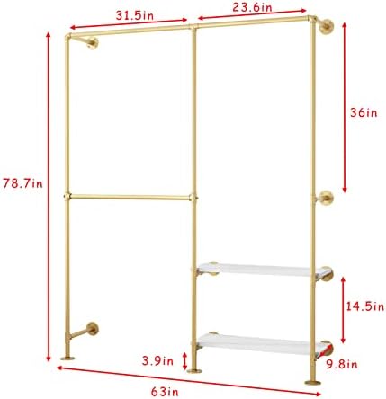 Gold Pipe Clothes Racks with White Shelves, Industrial Pipe Gold Clothing Rack with Double Hanging Rods, Heavy Duty Wall Mounted Clothing Rack Rod for Closet Storage, Bedroom - Image 3