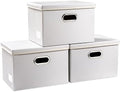 PRANDOM Collapsible Storage Bins with Lids [3-Pack] Leather Fabric Foldable Storage Boxes Organizer Containers Baskets Cube with Cover for Bedroom Closet Office Nursery White (14.9x10.8x10) by Prandom