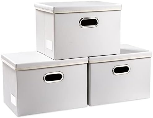 PRANDOM Collapsible Storage Bins with Lids [3-Pack] Leather Fabric Foldable Storage Boxes Organizer Containers Baskets Cube with Cover for Bedroom Closet Office Nursery White (14.9x10.8x10) by Prandom