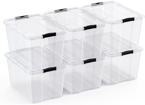 Lifetime Appliance Parts 6 PACK 34 Qt. Plastic Storage Bin Tote Organizing Container with Ultra Durable Lid & Secure Latching Buckles Stackable Extra Strength Clear w/Black Handle by LifetimeApplianceParts