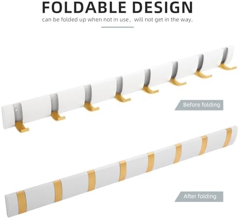 2 Pack Foldable Stylish Modern Hook Rack with 8 Hooks, Heavy Duty Metal Coat Rack, Metal Coat Hook Rail for Coat Hat Towel Purse Robes Mudroom Bathroom Entryway (White and Gold) - Image 5