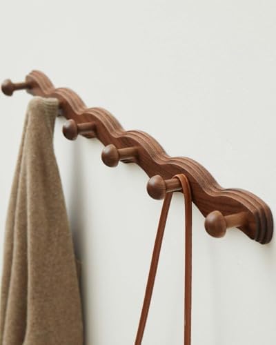 Wood Coat Rack Wall Mount - Walnut Coats Hook Hanger Wall-Mounted, Wave-Shaped Entryway Hanging Racks with 6 Hooks for Jacket Keys Hats Robes Towels Bags, Living Room Mudroom Bathroom Bedroom Hallway - Image 3