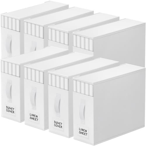 StorageTastic 8 Pack Bed Sheet Closet Organizers and Storage,Sturdy Foldable Storage Containers with Window and Label,Storage and Organization for Bedding Sheets,Duvet Covers,Blankets (White) by StorageTastic