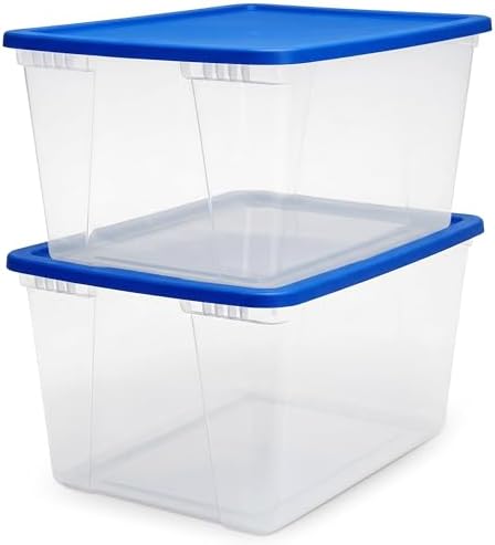 HOMZ 2-Pack Snaplock, Large Clear Plastic Storage Organizer Bins w/Lids, 56 Quart, Blue - Stackable Container Boxes for Bedroom, Bathroom, Garage, and Office Organization by Homz